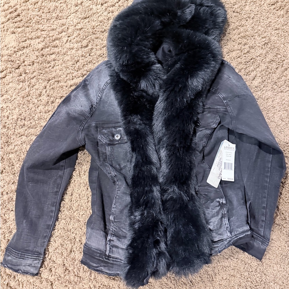 Jordan Craig Charcoal Denim Jacket with Black Faux Fur trim new with tags